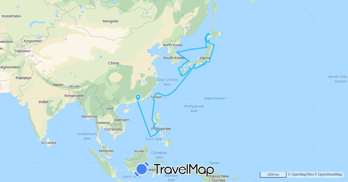 TravelMap itinerary: driving, boat in China, Japan, South Korea, Philippines, Taiwan (Asia)